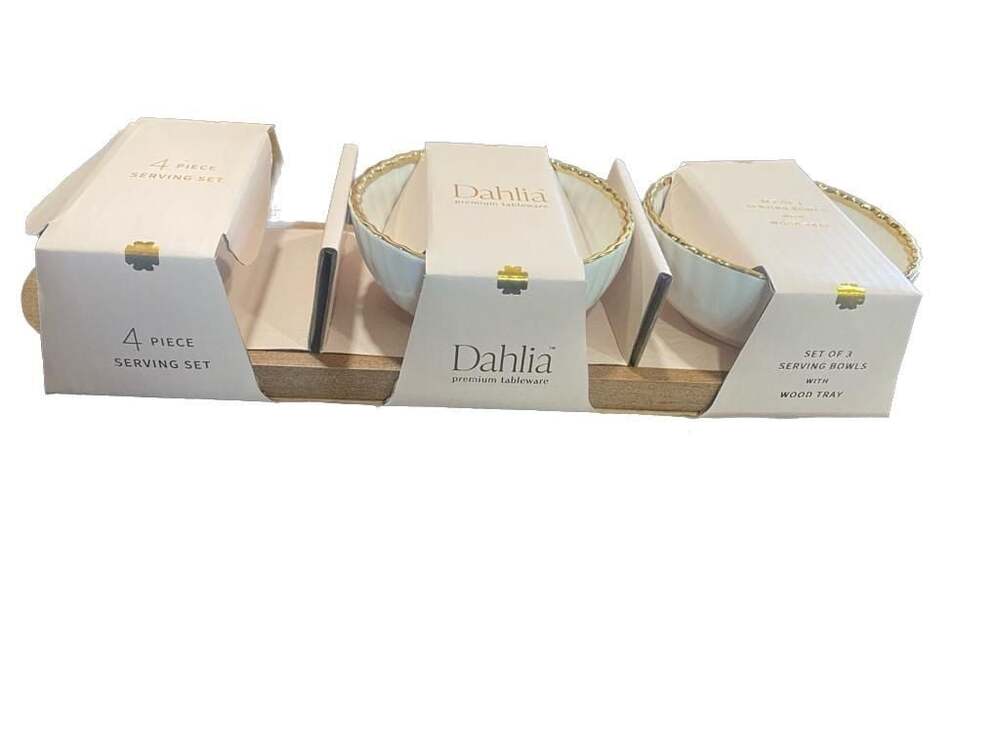 Dahlia Premium Tableware 4-Piece Serving Set with 3 Bowls and Wood Tray